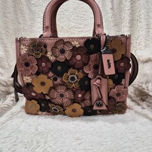 Floral Appliqué Pink Top-Handle Women's Bag
